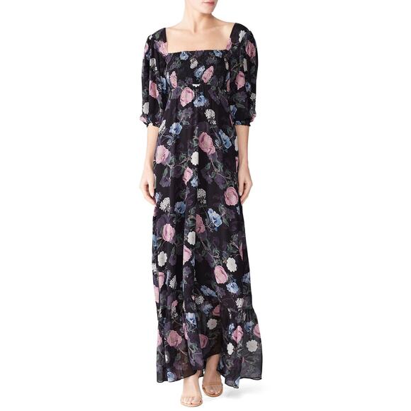 Nicholas Black Floral Silk Square Neck Smocked Maxi Dress Size 0 - Picture 1 of 15